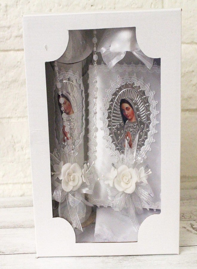 Ooki Elegant Handmade 5 Piece Our Lady Guadalupe Virgin Mary Foil Picture Lace Baptism Christening Shells Candle Set Favors Girl Boy White Set de Bautizo Espanol Nina Nino Communion Lace Gift Box - Image 2